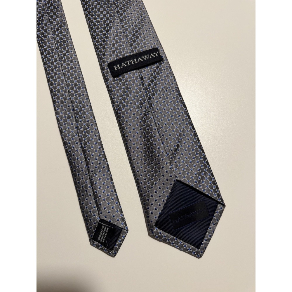 Hathaway Blue Grey Geometric Woven Jacquard 100% Silk Tie Necktie Luxury Preppy